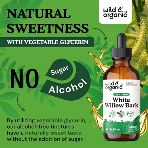 Wild & Organic White Willow Bark Extract Liquid Drops - Overall Well-Being Supplement - 500 mg White Willow Bark Herb Tincture - No Alcohol & Sugar, Non-GMO - 2 fl oz in Saudi Arabia