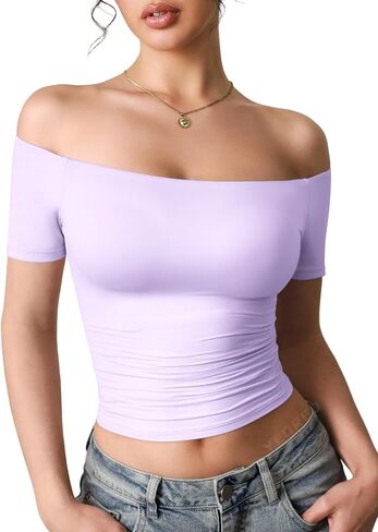 YEOREO Sophie Women's T-Shirts Off Shoulder Double Lined Fit Basic Going Out Cute Tee Short Sleeve Y2K Crop Tops in Saudi Arabia