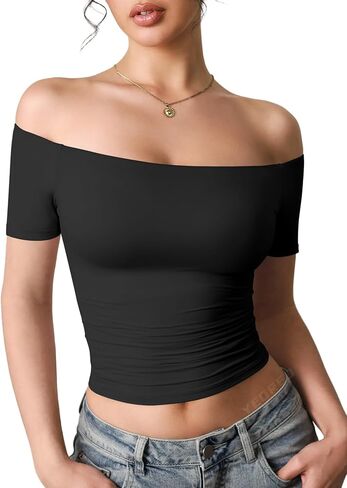 YEOREO Sophie Women's T-Shirts Off Shoulder Double Lined Fit Basic Going Out Cute Tee Short Sleeve Y2K Crop Tops in Kuwait
