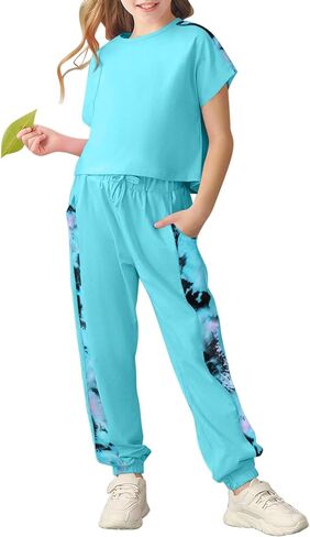 Girls Clothes 2PC Tie Dye Teen Girl Clothes Crop Sleeveless Top High Waist Sweatpants Summer Kids Clothes Girls in Kuwait