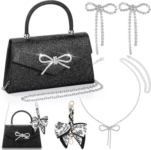 4 Pcs Women Rhinestone Evening Clutch Bag and Silver Jewelry Accessories Set Bling Earring Necklace Purse Chain Wedding Prom in Saudi Arabia