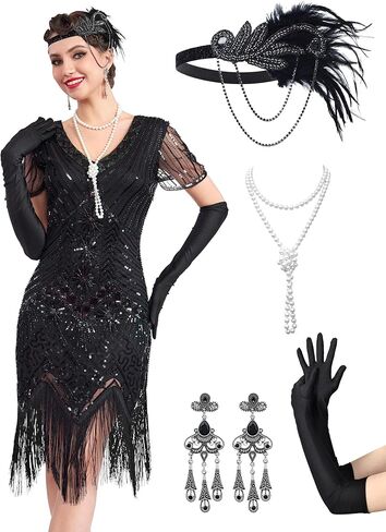 1920s Flapper Dresses for Women, Great Gatsby Dresses Roaring 20s, Sheer Beaded Sleeves Costume with 20s accessories in Kuwait