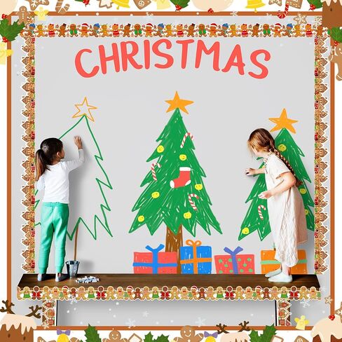 Seajan 6 PCS 197 FT عيد الميلاد نشرة Board Board Borders Decorations الحدود القطع ديكور Santa Snowman Gingerbread Elf Elk Gifts Pine Leaves for Christmas Home Office Windows Blackboard in Saudi Arabia