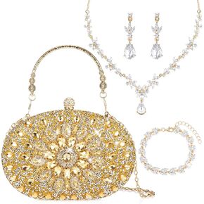 Quelay 4 PCS Women Women Rhinestone Clutch محافظ المجوهرات مجموعة الفضة القابض في المساء Bling Crystal Necklace Dangle Strail in Kuwait