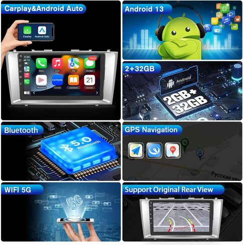 Android 13 Car Radio Stereo Toyota Camry 2006 2007 2008 2008 2010 2011 Carplay Wireless Carplay Andriod Auto 2G+64G مع SWC WiFi GPS Mavigation DSP BT FM مع كاميرا احتياطية in Kuwait