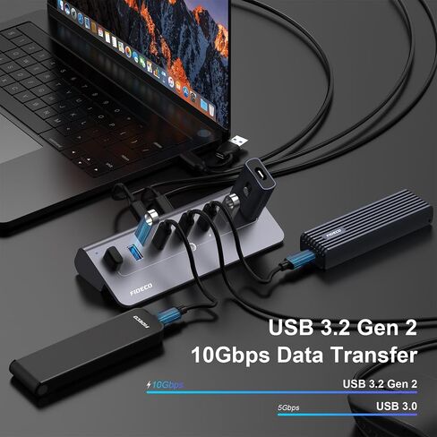 FIDECO Powered USB HUB ، 7 PORT USB 3.2 Gen 2 ، 10GBPS HUB DATA HUB لسلسلة iPhone 16/15 ، FLUBITER USB الألمنيوم مع محول الطاقة 5V 3A ، 4 منافذ USB-A و 3 USB-C ، تدعم BC1.2 الشحن in Kuwait
