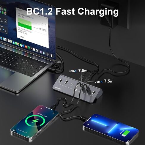 FIDECO Powered USB HUB ، 7 PORT USB 3.2 Gen 2 ، 10GBPS HUB DATA HUB لسلسلة iPhone 16/15 ، FLUBITER USB الألمنيوم مع محول الطاقة 5V 3A ، 4 منافذ USB-A و 3 USB-C ، تدعم BC1.2 الشحن in Kuwait