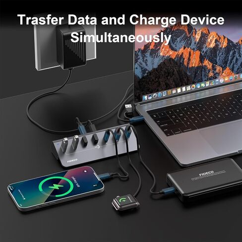 FIDECO Powered USB HUB ، 7 PORT USB 3.2 Gen 2 ، 10GBPS HUB DATA HUB لسلسلة iPhone 16/15 ، FLUBITER USB الألمنيوم مع محول الطاقة 5V 3A ، 4 منافذ USB-A و 3 USB-C ، تدعم BC1.2 الشحن in Kuwait