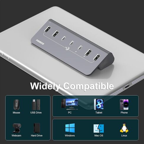 FIDECO Powered USB HUB ، 7 PORT USB 3.2 Gen 2 ، 10GBPS HUB DATA HUB لسلسلة iPhone 16/15 ، FLUBITER USB الألمنيوم مع محول الطاقة 5V 3A ، 4 منافذ USB-A و 3 USB-C ، تدعم BC1.2 الشحن in Kuwait