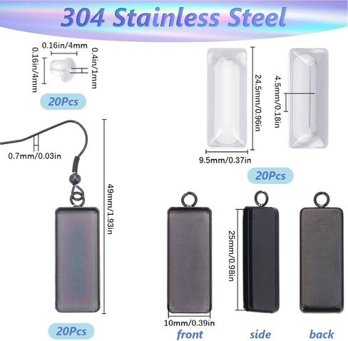 1 Box 20Pcs Rainbow Earring Bezel Blank 10x25mm Rectangle Bezel Pendant Trays with Glass Cabochons Settings Stainless Steel Earring Wire Hooks Accessories for DIY Earrings Jewelry Making in Saudi Arabia