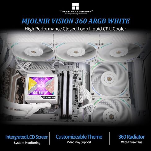 Thermalright Mjolnir Vision 360 ARGB Black CPU Water Cooler,3 PWM Fans Water Cooling System with 2000PRM,for AM4/AM5&Intel LGA1851/1700, Magnetic Detachable LCD Screen with 320 * 240 Resolution in Kuwait