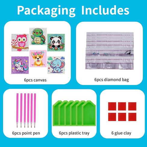 5D Diamond Art Kit for Kids Beginners, 6 Pack Cute Animals Diamond Painting Kits For kids 6-7-8-12, Full Round Drill Big Gem Art for Kids, Diamond Arts And Crafts Sets, Home Wall Decoration 6X6 inch in Saudi Arabia