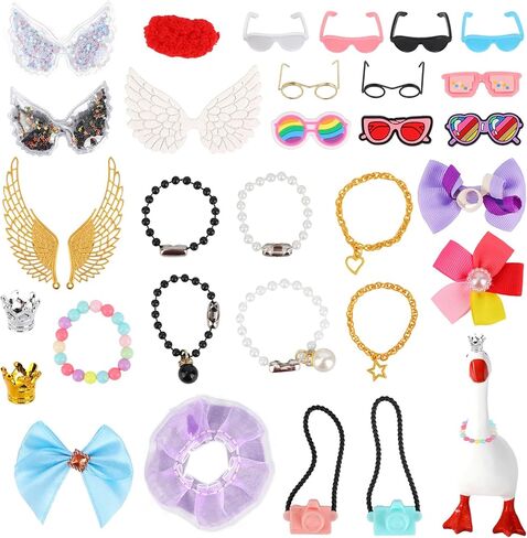 15pcs 7in Desk Goose Outfits, Mini Porch Goose Accessories with Sunglasses Camera Pendant Necklaces Collar Heart Star Gold Chain Fun Clothes Costume Set for Magnetic Table Geese Statue Decor in Saudi Arabia