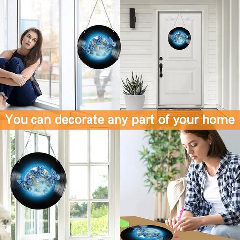 Ginfonr Diamond Painting Kits Hanging Pendant, Owl Sun Catcher for Front Door Sign, Rhinestone Landscapes Summer Porch Decor for Outdoor, Double Sided Hanging Kits for Garden Window (8 x 8 inch) in Saudi Arabia