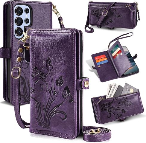 Lacass for Samsung Galaxy S25 Ultra Case Wallet ، [Cards Scan Scan Protection] Card Szipper Leather Flip Cover Cover Crossbody Wrist مع حامل (أسود أزهار) in Kuwait