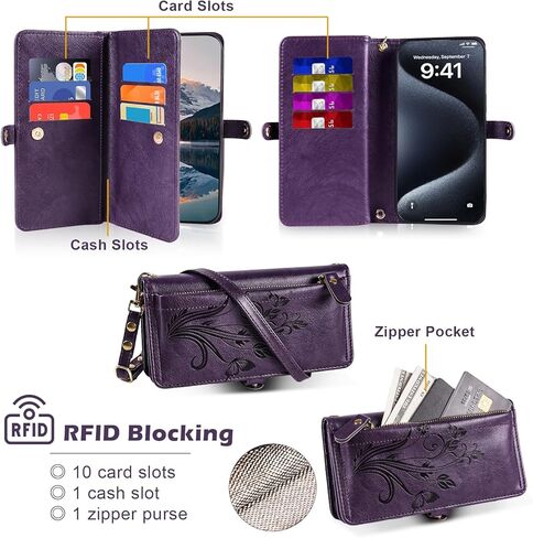 Lacass for Samsung Galaxy S25 Ultra Case Wallet ، [Cards Scan Scan Protection] Card Szipper Leather Flip Cover Cover Crossbody Wrist مع حامل (أسود أزهار) in Kuwait