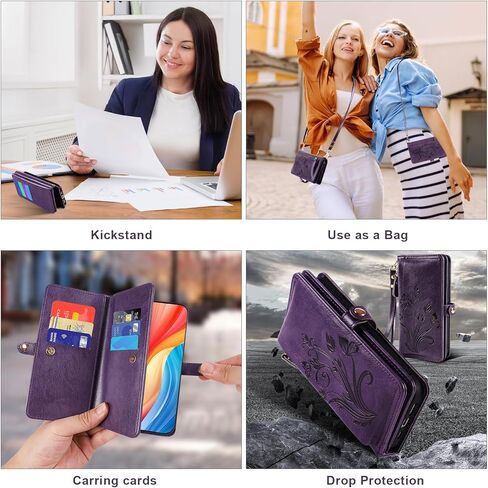 Lacass for Samsung Galaxy S25 Ultra Case Wallet ، [Cards Scan Scan Protection] Card Szipper Leather Flip Cover Cover Crossbody Wrist مع حامل (أسود أزهار) in Kuwait