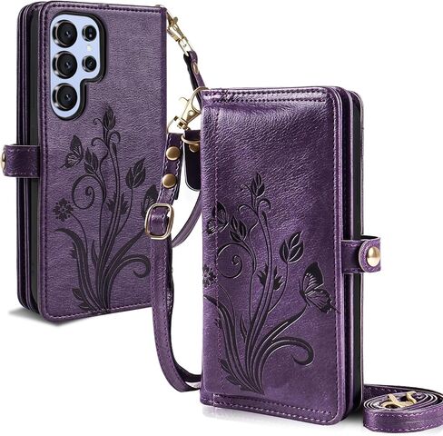 Lacass for Samsung Galaxy S25 Ultra Case Wallet ، [Cards Scan Scan Protection] Card Szipper Leather Flip Cover Cover Crossbody Wrist مع حامل (أسود أزهار) in Kuwait