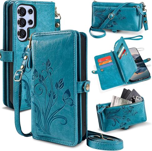 Lacass for Samsung Galaxy S25 Ultra Case Wallet ، [Cards Scan Scan Protection] Card Szipper Leather Flip Cover Cover Crossbody Wrist مع حامل (أسود أزهار) in Kuwait