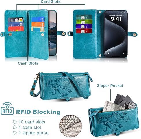 Lacass for Samsung Galaxy S25 Ultra Case Wallet ، [Cards Scan Scan Protection] Card Szipper Leather Flip Cover Cover Crossbody Wrist مع حامل (أسود أزهار) in Kuwait