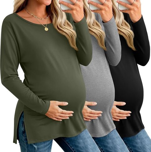 RIYIPER 3 Pack Women's Gaternity Sleeve Dertts Round Dound Side Side Tops Tops Lourd in Kuwait