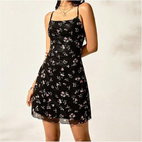 نساء الأزهار النسائية الخس تقليم كامي فستان مربع رقبة بلا أكمام in Kuwait