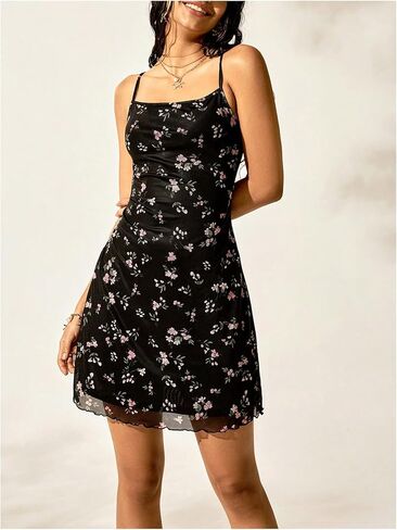 نساء الأزهار النسائية الخس تقليم كامي فستان مربع رقبة بلا أكمام in Kuwait