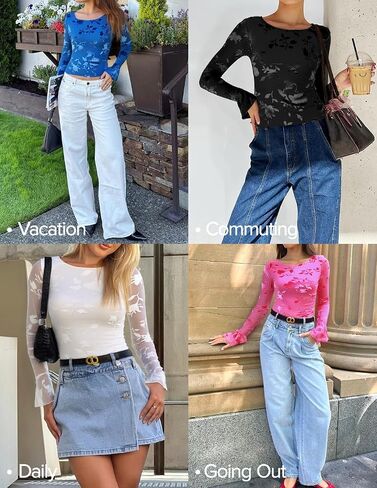 ZESICA Women's Floral Mesh Long Sleeve Tops 2025 Fall Fashion Boat Neck Slim Fitted Shirt Going Out Date Night Outfits in Saudi Arabia