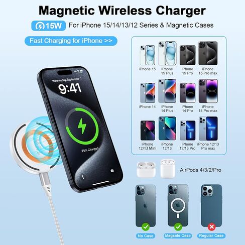 Samsung Galaxy S24 Ultra Wireless Charger Stand for Galaxy S24 S23 Fe S22 S21 S20 Z Fold/Flip 6 ، 15W Magnetic Fast Charger Pad Station Mag-Safe Charger حصيرة لشاحن iPhone 15 14 13 12 Pro Max Plus in Kuwait