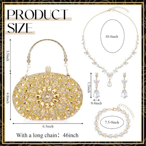 Quelay 4 PCS Women Women Rhinestone Clutch محافظ المجوهرات مجموعة الفضة القابض في المساء Bling Crystal Necklace Dangle Strail in Kuwait