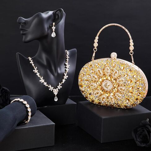 Quelay 4 PCS Women Women Rhinestone Clutch محافظ المجوهرات مجموعة الفضة القابض في المساء Bling Crystal Necklace Dangle Strail in Kuwait