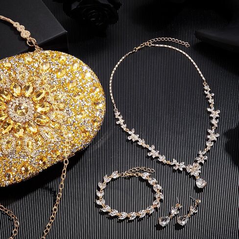 Quelay 4 PCS Women Women Rhinestone Clutch محافظ المجوهرات مجموعة الفضة القابض في المساء Bling Crystal Necklace Dangle Strail in Kuwait
