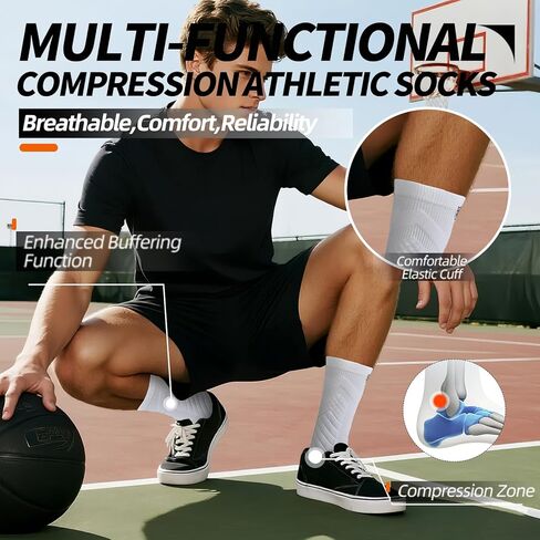 Men's sports crew socks,arch support,grip athletic socks,socks for basketball and tennis,3 pack,black compression sock in Kuwait
