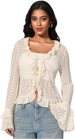 GORGLITTER Women's Tie Front Bell Sleeve Lace Tops Ruffle Mesh Vintage Shirts in Saudi Arabia