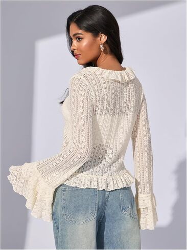 GORGLITTER Women's Tie Front Bell Sleeve Lace Tops Ruffle Mesh Vintage Shirts in Saudi Arabia