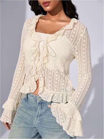 GORGLITTER Women's Tie Front Bell Sleeve Lace Tops Ruffle Mesh Vintage Shirts in Saudi Arabia