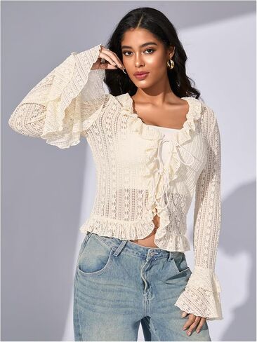 GORGLITTER Women's Tie Front Bell Sleeve Lace Tops Ruffle Mesh Vintage Shirts in Saudi Arabia