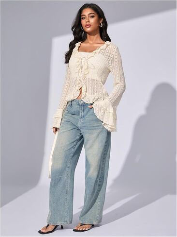 GORGLITTER Women's Tie Front Bell Sleeve Lace Tops Ruffle Mesh Vintage Shirts in Saudi Arabia