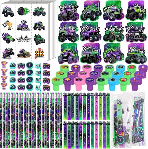 Cholemy 168 Pcs Monster Truck Party Favors Supplies Monster Truck Stationery Set Notebook Sticker Stamper Eraser Ruler Pencil Bag for Baby Shower Birthday Party Gift Classroom Prize in Saudi Arabia