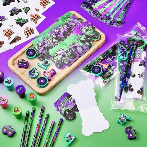 Cholemy 168 Pcs Monster Truck Party Favors Supplies Monster Truck Stationery Set Notebook Sticker Stamper Eraser Ruler Pencil Bag for Baby Shower Birthday Party Gift Classroom Prize in Saudi Arabia