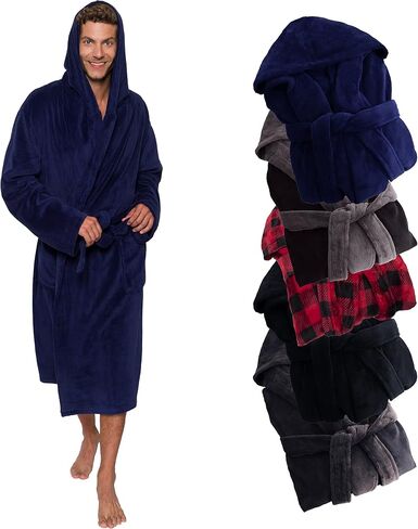 Ross Michaels Mens Robe Hooded Wrap Style - Mid Length Plush Fleece Bathrobe (Black, Large/X-Large) in Saudi Arabia