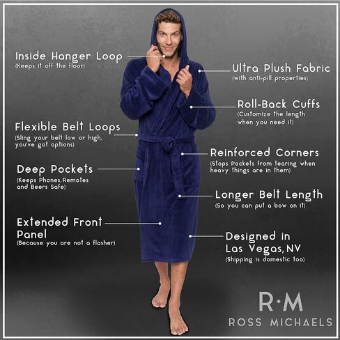 Ross Michaels Mens Robe Hooded Wrap Style - Mid Length Plush Fleece Bathrobe (Black, Large/X-Large) in Saudi Arabia
