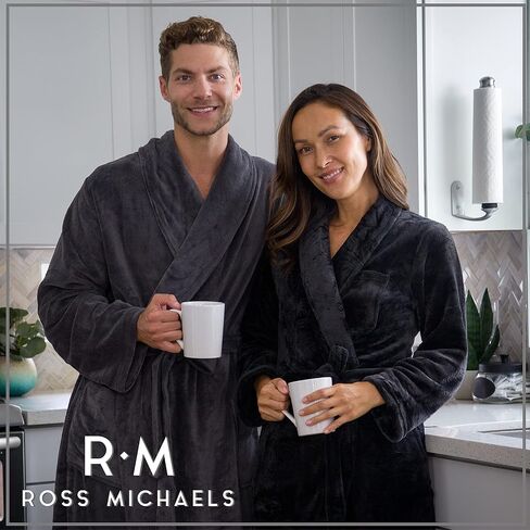 Ross Michaels Mens Robe Hooded Wrap Style - Mid Length Plush Fleece Bathrobe (Black, Large/X-Large) in Saudi Arabia
