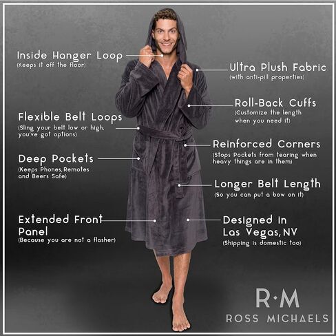 Ross Michaels Mens Robe Hooded Wrap Style - Mid Length Plush Fleece Bathrobe (Black, Large/X-Large) in Saudi Arabia