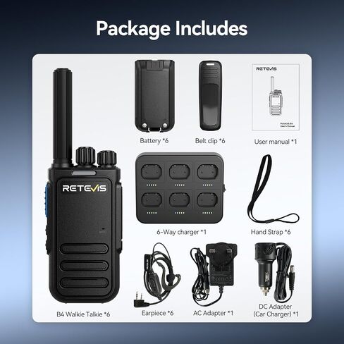 Retevis RT17 Walkie Talkies for Adults, Heavy Duty Walkie Talkies with Earpiece, with 6 Way Multi Gang Charger, 2 Way Radio Long Range for School Security Warehousing Retail Clinic (6 Pack) in Kuwait