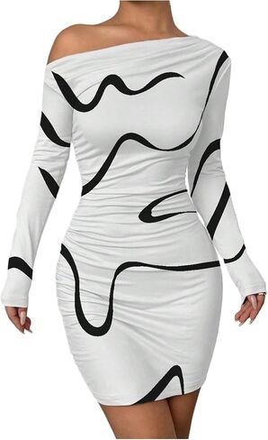 SOLY HUX Women's Off The Shoulder Bodycon Mini Dress Printed Asymmetrical Neck Long Sleeve Ruched Dresses in Saudi Arabia