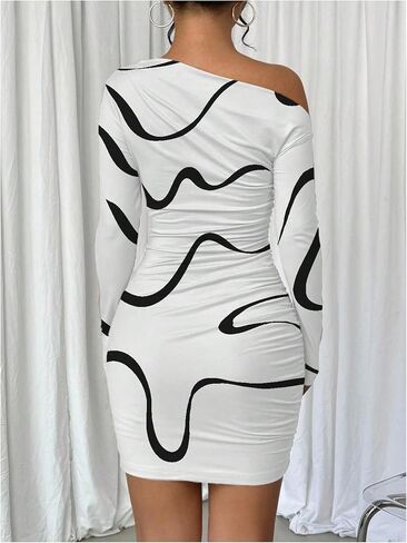 SOLY HUX Women's Off The Shoulder Bodycon Mini Dress Printed Asymmetrical Neck Long Sleeve Ruched Dresses in Saudi Arabia