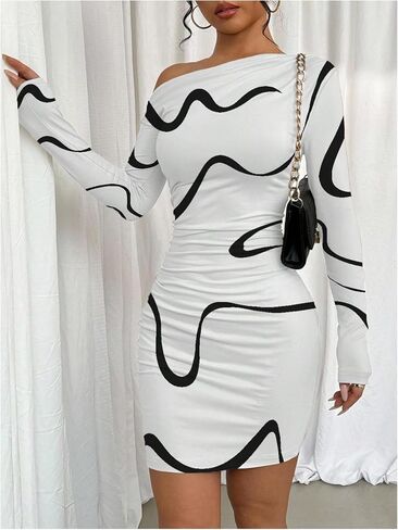 SOLY HUX Women's Off The Shoulder Bodycon Mini Dress Printed Asymmetrical Neck Long Sleeve Ruched Dresses in Saudi Arabia