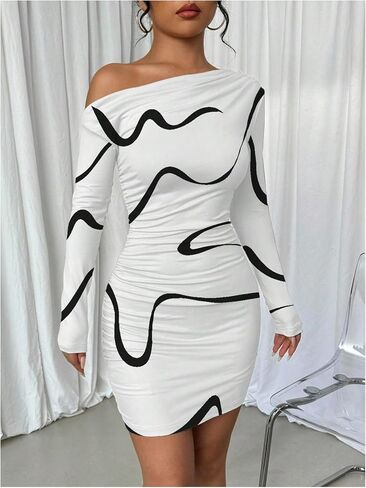 SOLY HUX Women's Off The Shoulder Bodycon Mini Dress Printed Asymmetrical Neck Long Sleeve Ruched Dresses in Saudi Arabia