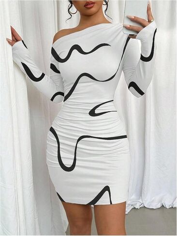 SOLY HUX Women's Off The Shoulder Bodycon Mini Dress Printed Asymmetrical Neck Long Sleeve Ruched Dresses in Saudi Arabia